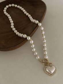 1pc Shiny Heart, Rose & Pearl Necklace For Women, Fashionable Elegant Choker Necklace, Versatile Luxury Everyday Wear, Birthday/Valentine's Day Gift
