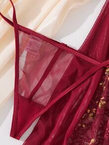 2PCS Women's Burgundy Retro Palace Style And Enchanting Pajama Set, Lace Splicing Sexy Sleeping Skirt With Lace Flower And Bow Decoration Strap Underwear, Thin Comfortable Translucent Pajama Skirt, Christmas Surprise Party Gifts