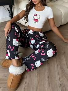 SANRIO 2件套Hello Kitty印花女式短袖上衣+松紧腰直筒裤睡衣套装 - 白色 - 查看 3