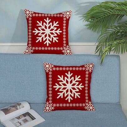 2pcs Christmas Pillow Covers, Red Winter Snowflake Print Pillow Shams, Farmhouse Holiday Linen Decorative Sofa Cushion Covers (16"X16", 18"X18", 20"X20", 12"X20")