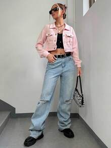 Chaqueta corta de pana con solapa y hombros caídos para mujer, otoño e invierno - Rosa Pálido - Ver 4