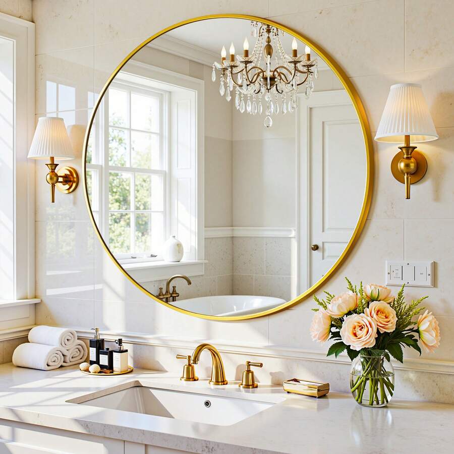 Antok 24 Inch Round Mirror, Black Metal Frame Circle Mirror, Wall Mirror For Entryway, Bathroom, Vanity, Living Room, Round Wall Mirror, Gold - Vàng - Xem 1