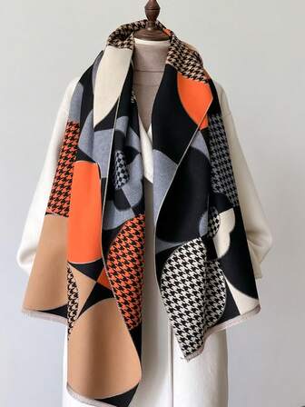 1pc Women's Reversible Faux Cashmere Color Block Fashion Versatile Air Conditioning Shawl Scarf, Thick & Warm For Everyday Use, Autumn/Winter For Dress