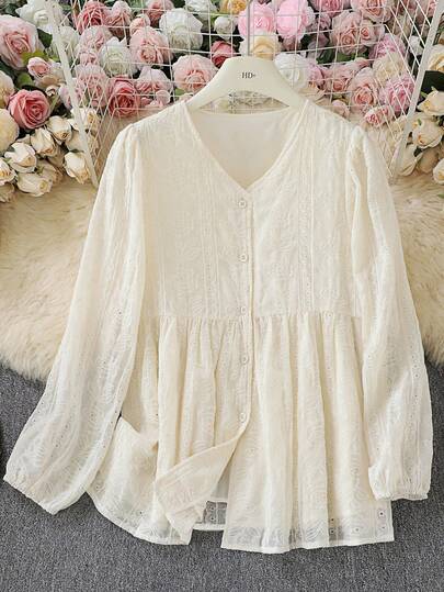 Blusa elegante de talla grande para mujer con cuello en V y bordado de rosa, ropa de otoño