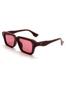1pc Fashionable Square Frame Studded Fashion Glasses, & Versatile For Women - Wine Red Frame Red Tablet - View 5