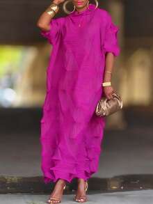 Women's Elegant Textured Midi Dress With Ruffled Design, Pleated And High Elastic Fabric - Mid Neck, Mid Sleeve, Great For Fashionable And Comfortable Looks - Màu Hồng Tươi - Xem 2