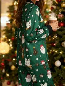 Women's Christmas Pajamas Set Long Sleeve V Neck Stocking Tree Print Tops And Pants Lounge Wear 2 Pcs Set