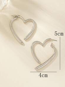 1 Pair Fashionable Minimalist Personalized Heart Hoop Earrings, Silver Color - Silver - View 5