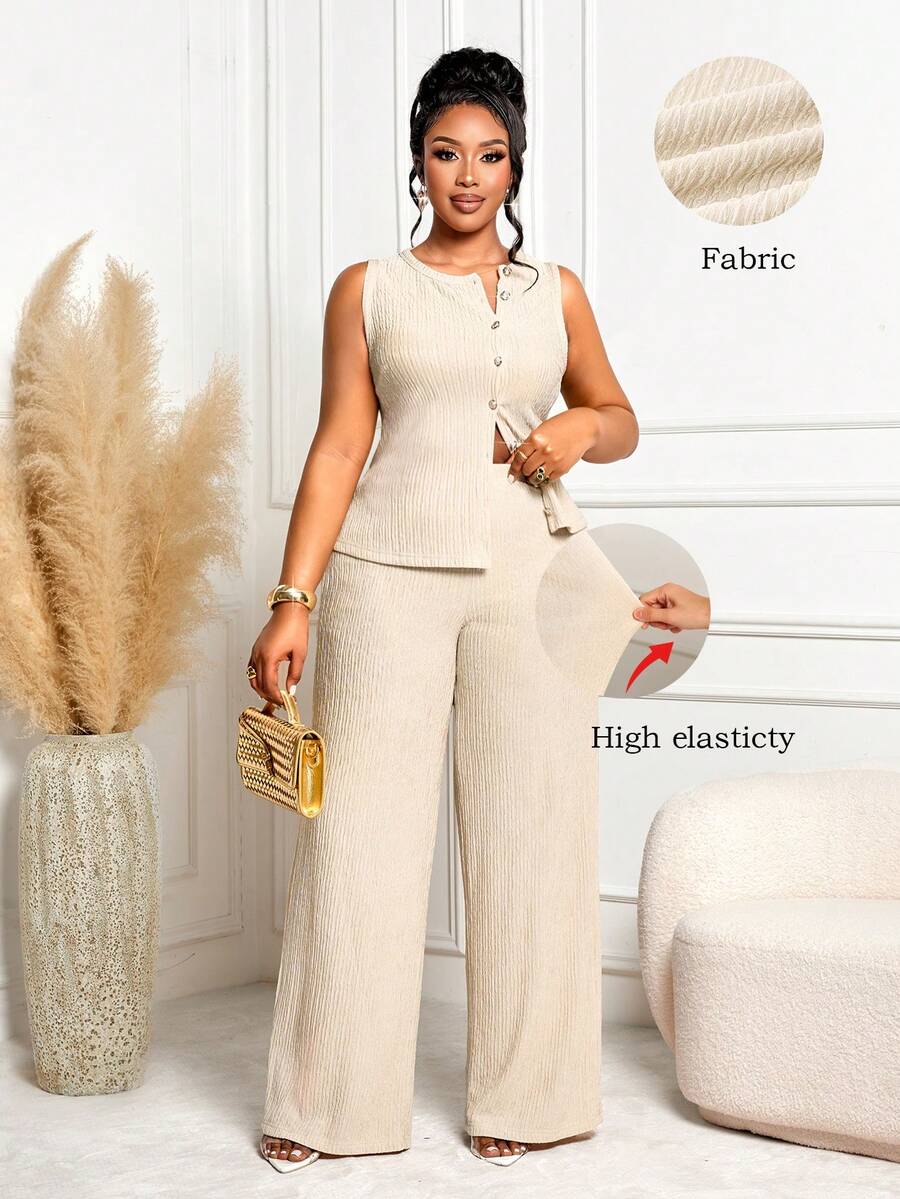 BIUBIU 女士加大码休闲条纹纽扣长袖上衣和中长裙两件套，适合度假、居家生活、返校季、秋冬季穿着、万圣节、派对等场合。 - 杏色 - 查看 1