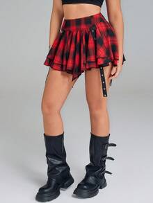 Rave Street Y2K 学院风格子喇叭裙性感带细节不对称双层下摆侧拉链休闲舒适高品质返校风女士 - 紅黑色 - 查看 4