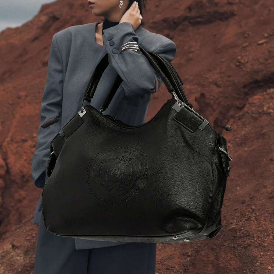 Borsa tote retrò alla moda in morbida pelle per donna, borsa a tracolla in PU di nicchia con grande capacità, borsa versatile per il tempo libero per i pendolari, adatta per le vacanze invernali e come regalo per le feste - nero - Visualizzare 1