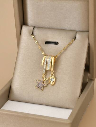 1 件时尚方晶锆石几何不锈钢女士项链，适合日常佩戴，饰有海星、贝壳、足迹、八瓣花、蝴蝶、莲花、八角星、向日葵、硬币徽章，金色珠宝，高品质镀金项链，女士黄金配饰，万圣节礼物，圣诞节礼物