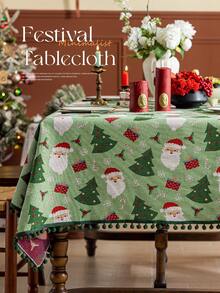 1pc Christmas Jacquard Tablecloth, Christmas Tree Pattern With Pom Pom Trim, Adorable Christmas Style Polyester Tablecloth, Suitable For Living Room, Dining Room, Party, Home Decor, Room Decor, Tabletop Decor And Holiday Gift, Multiple Sizes Available, Suitable For All Seasons - Green - View 10