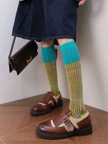 1 Pair Retro American Preppy Style Knee,High Socks, Colorblock Houndstooth & Plaid Pattern, Suitable For Early Autumn, Cozy Socks - Multicolor - View 5