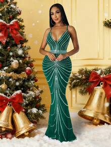 Robe longue élégante pour femme avec fines bretelles, dos nu, croisé, fermeture éclair, style sirène, tissu stretch moyen, sans manches, sexy et habillée, robe de soirée longue, vêtements pour femmes pour Noël, costumes d'Halloween - Vert - Voir 2