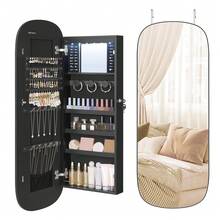 SONGMICS Jewelry Organizer, LED Jewelry Cabinet Wall/Door Mounted, Lockable Rounded Wide Mirror With Storage, Interior Mirror, 3.9 X 16.5 X 42.5 Inches - 黑色 - 查看 1