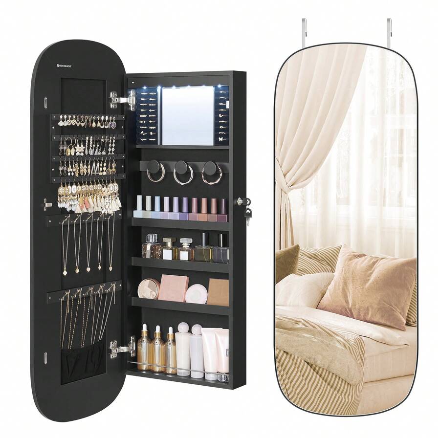 SONGMICS Jewelry Organizer, LED Jewelry Cabinet Wall/Door Mounted, Lockable Rounded Wide Mirror With Storage, Interior Mirror, 3.9 X 16.5 X 42.5 Inches - 黑色 - 查看 1