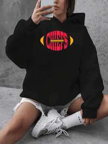 Women's Black Hoodie With Football Graphic Print Oversized Pullover Sweatshirt For Casual Wear And Sports Fan Style Comfortable Fabric, Perfect As A Gift - 黑色 - 查看 1