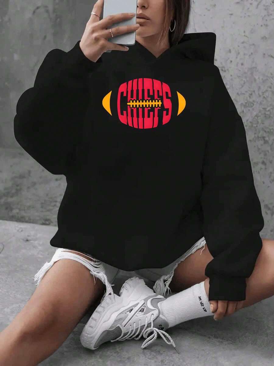 Women's Black Hoodie With Football Graphic Print Oversized Pullover Sweatshirt For Casual Wear And Sports Fan Style Comfortable Fabric, Perfect As A Gift - 黑色 - 查看 1