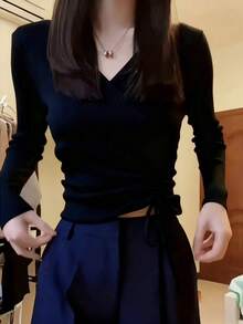 白色抽绳 V 领针织汗衫，修身短款长袖毛衣上衣，女士秋季 - 黑色 - 查看 2