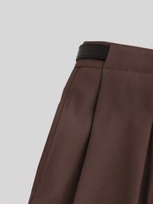 中腰纯色优雅直筒裤（配腰带） - 棕色 - 查看 5