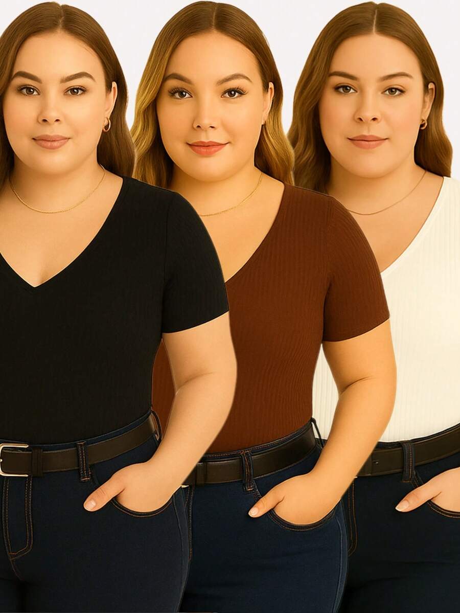 Kit With 3 Basic Women's Plus Size V-Neck Blouses - Black/brown/off - View 1