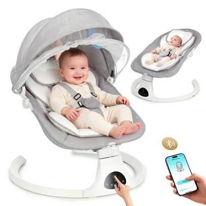 OYAJIA Elektrische Babywippe | Babyschaukel mit 5-Punkt-Gurt & 5 Schaukelmodi, Leicht & Sicher Wippe Baby Elektronisch mit Bluetooth-Musik & Fernbedienung, für 0-18 Monate (2-18 kg), Grau