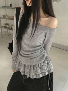 女士蕾丝拼接露肩长袖T恤，独特修身抽绳上衣，夏季