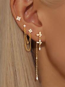 3 Pcs/Set Unique Gold Plated Cubic Zirconia Butterfly Chain Drop Dangle Earrings For Women Zirconia Stud Earrings Set Elegant Jewelry