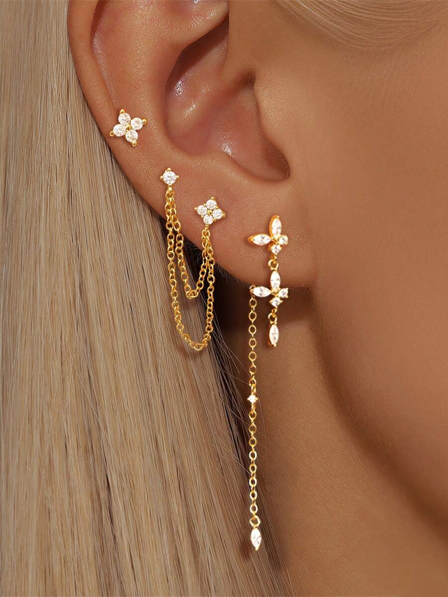 3 Pcs/Set Unique Gold Plated Cubic Zirconia Butterfly Chain Drop Dangle Earrings For Women Zirconia Stud Earrings Set Elegant Jewelry