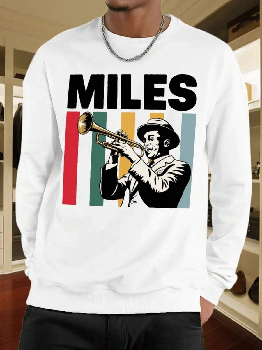 Men's Stylish Sweatshirt With Trumpet Player Graphic Comfortable Crew Neck Pullover With A Retro Jazz Music Design,Perfect For Casual Wear Winter Cotton Thermal Hoodie - 白色 - 查看 1