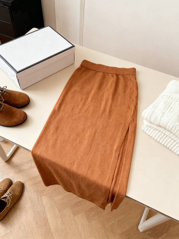 Elegante falda de mujer de longitud media con volantes laterales y abertura, ropa de mujer de otoño, vestido de suéter de otoño, ropa de oficina para mujer