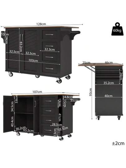 Kitchen Trolley Diagonally Gestreepte Cabinet Doors, Removable Towel Spice Rack, Adjustable Dividers, Sideboard, Tafel Top Wood Grain, Zwart view 2