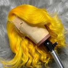 Lemon Yellow 200 Density 13x4 HD Transparent Body Wave Bob Wig Short Human Hair Wigs Glueless Swiss Lace Front Wig Remy Water Wave Lace Frontal Wig Pre Plucked With Baby Hair Yellow Colored Lace Frontal Wig For Women Girls - Màu vàng - Xem 8
