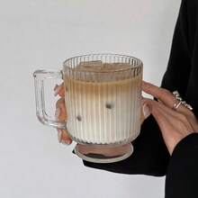 1 pieza Taza de vidrio corta con asa de estilo coreano de 260ml, taza de café con leche con rayas verticales minimalistas, taza para bebidas frías, taza para helado, taza para leche - transparente - Ver 8