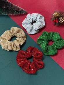 4pcs/1pc Christmas Color Polka Dot Glitter Green, Red, Silver, Champagne Scrunchies, High Elasticity Hair Ties, Ponytail Holders, Women Hair Accessories, Fabric Hair Bands, Christmas Hair Decor, Suitable For Daily, Versatile, Casual Headwear ,Hair Elastics ,Hair Rubber Bands ,Hair Rope - Multicolor - View 2