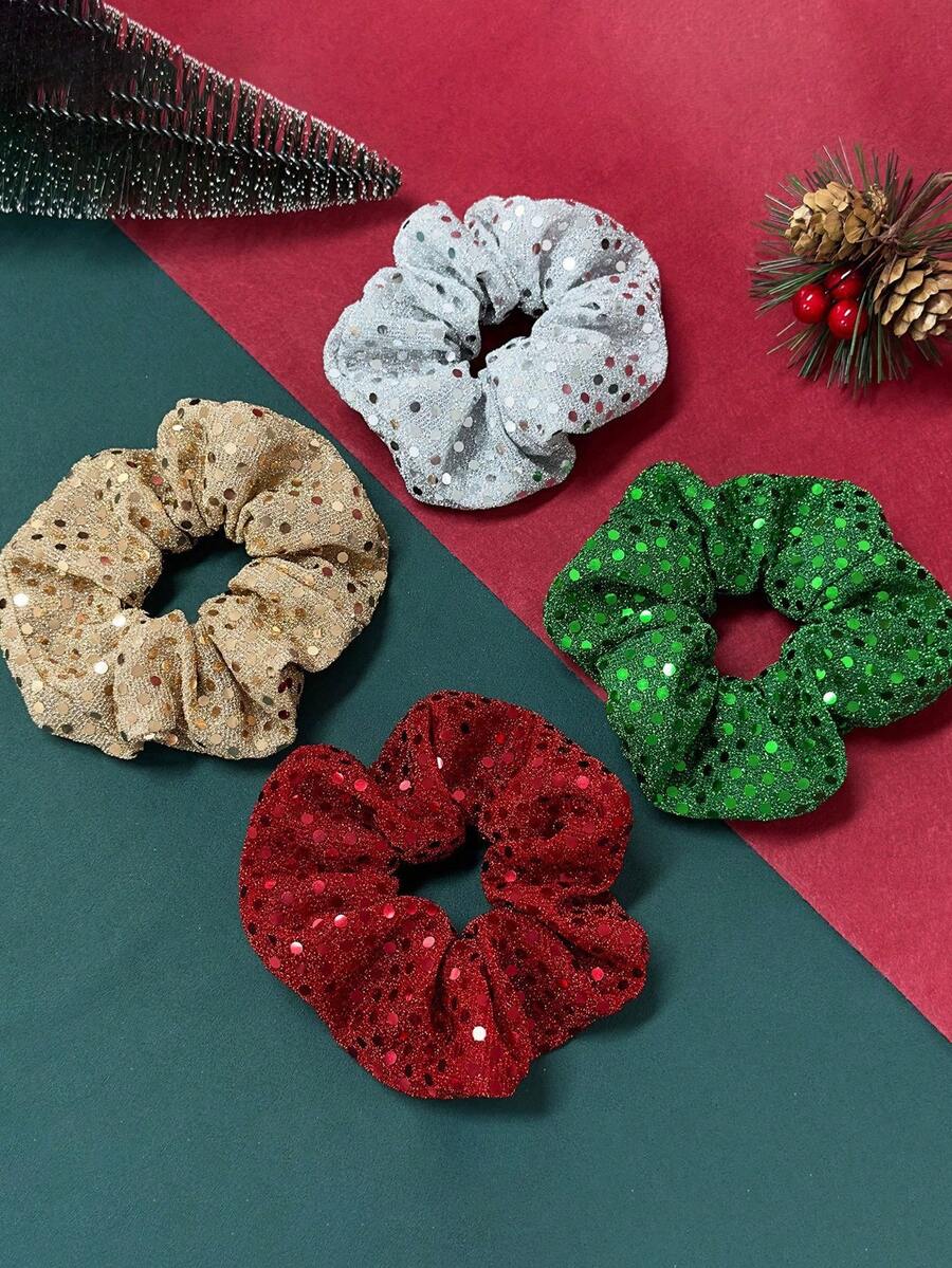 4pcs/1pc Christmas Color Polka Dot Glitter Green, Red, Silver, Champagne Scrunchies, High Elasticity Hair Ties, Ponytail Holders, Women Hair Accessories, Fabric Hair Bands, Christmas Hair Decor, Suitable For Daily, Versatile, Casual Headwear ,Hair Elastics ,Hair Rubber Bands ,Hair Rope