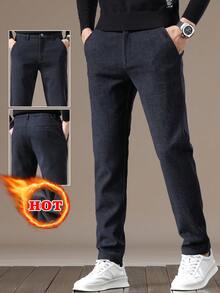Men's Elastic Waist Slant Pocket Thermal Lined Warm Casual Pants, Autumn/Winter