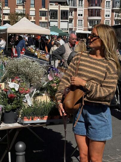 Suéter de punto de cuello redondo de manga larga con bloques de color y rayas para mujer HoloChill, un regalo de Navidad versátil, nueva llegada de otoño/invierno 2025
