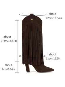 Fringe Knee High Cowboy Boots For Women Pointed Toe Block Thick High Heels Pull On Fall Vintage Western Cowgirl Boots - màu nâu - Xem 4