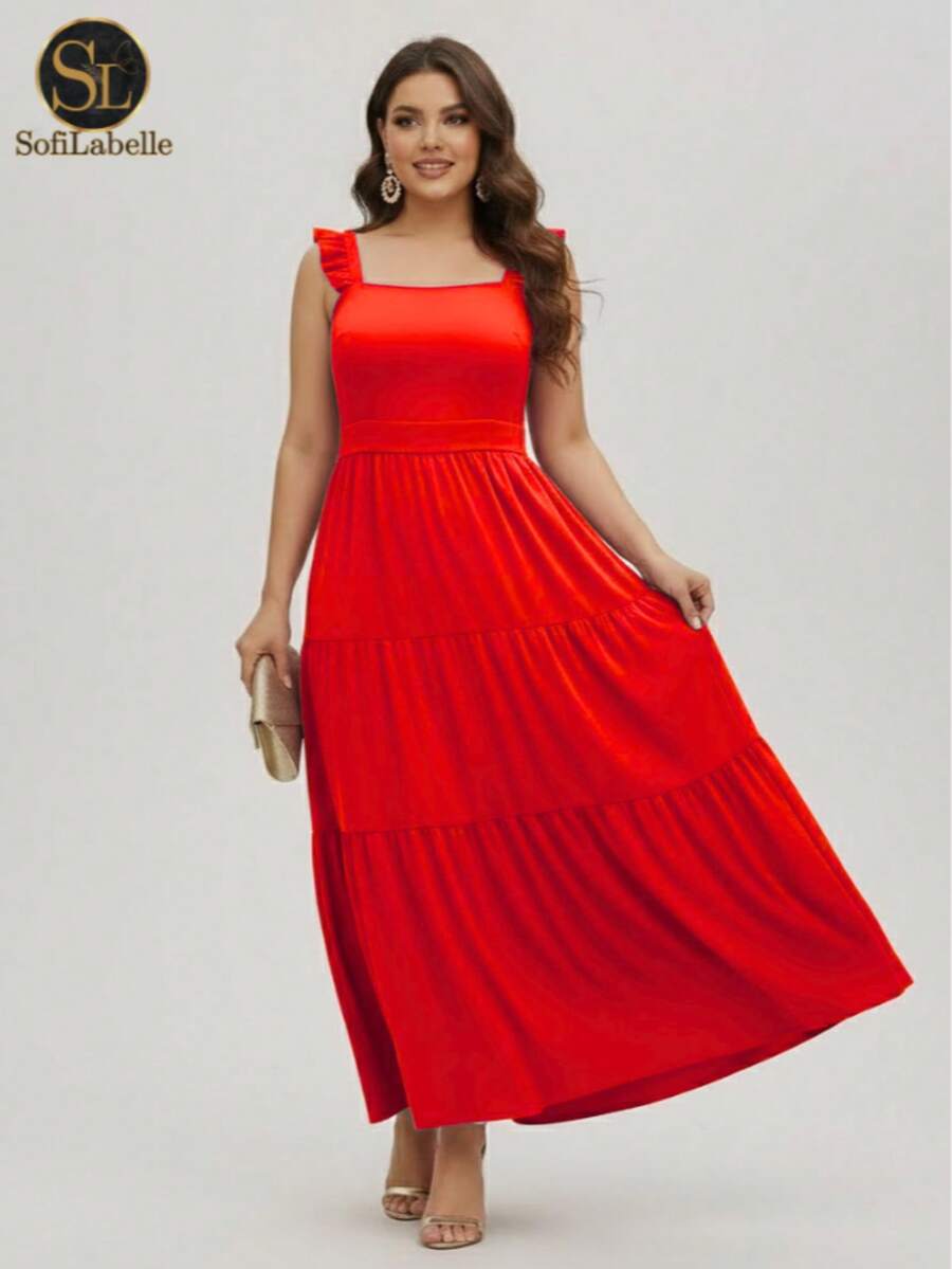 Women's Plus Size Long Dress, Three Marias Style, Elegant Evangelical Fashion, Party Dress, Sleeveless, Strapless, Ruffled, Dune - 紅色 - 查看 1