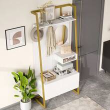 Modern Minimalist Compact Wardrobe, Open Multifunctional Storage Cabinet With Mirror, Metal Hooks, Clothes Rack With Shoe Bench, Closet, Shoe Storage, Clothes Rack. - White + MDF - 查看 5