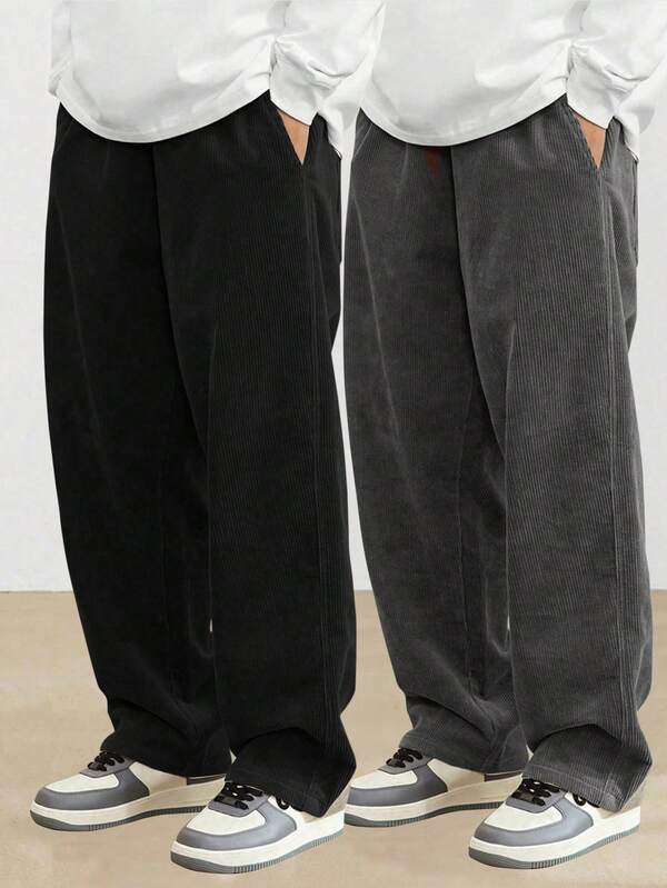 2pcs Boys & Teens Loose Corduroy Straight Leg Casual Pants, Versatile For Exercise & Outdoor, Autumn/Winter