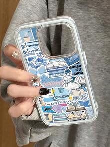Ins-Style High-Quality Dopamine Color Series, Hand-Painted Book & Signpost Pattern Phone Case, Compatible With IPhone 17/15/16 Pro Max, Creative Apple 11/12/13/14 Pro Shockproof Phone Case - Sky Blue - View 1