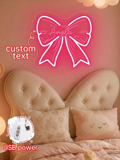 Custom Cute Bow Name Neon Sign Christmas Decorations Home Girl Room Decor ,Pink Bow Neon Light Sign Home Decor,Personalized Birthday Christmas Decorations Gift.