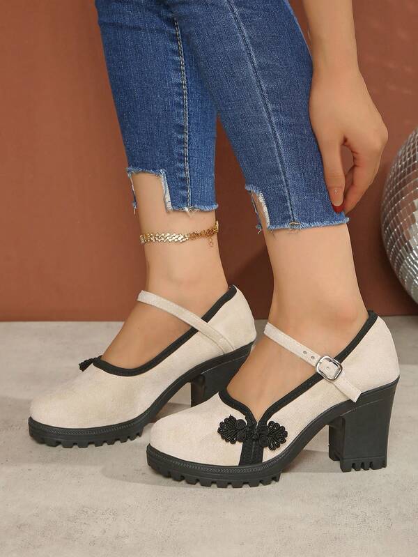 Sapatos de passarela cheongsam de salto alto femininos, scarpins retrô de festa com salto grosso, sapatos de saia sereia combinando estilo chinês, fivela de casamento ocidental para faculdade formal