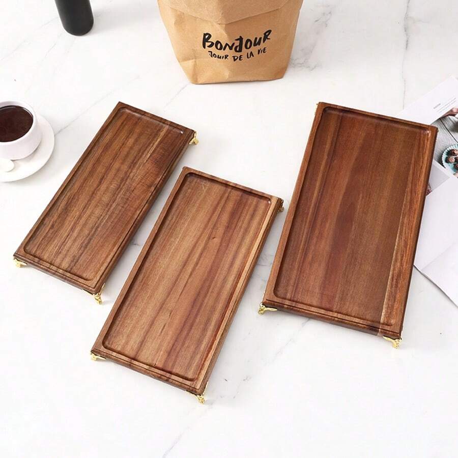 1 pieza Bandeja rectangular de madera de palo de rosa, disponible en 3 tamaños: plato de desayuno, plato de postre, plato de pan, plato de aperitivo, plato de sushi, bandeja de taza rectangular, bandeja de té de la tarde, plato de dulces - Marrón - Ver 1