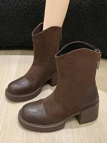 Women's Fashionable Thick Sole Back Zipper Splice Mid-Calf Elastic Boots, Trending Chunky Heel Punk Style Boots, Chestnut Brown, Comfortable Round Toe, Plus Size