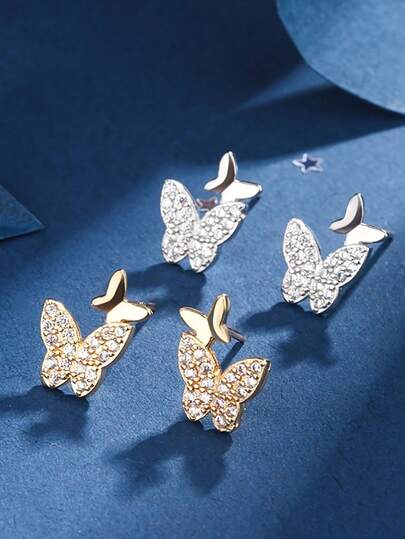 1 paire de boucles d'oreilles mode pour femmes, boucles d'oreilles clous en argent sterling S925 avec papillon mignon et zircone synthétique, hypoallergénique, convient pour le port quotidien, les mariages, la fête des mères, la rentrée scolaire, les cadeaux