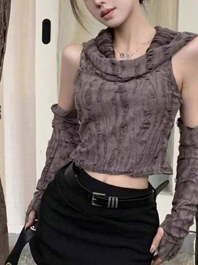 2026 春夏秋新作、レディース砂丘廃土風セクシーギャル肩出し破れデザインショートトップス、aespa 風街頭潮tシャツ、日常デート・街拍・パーティー着用に最適、春秋用レディースファッショナブルギャル